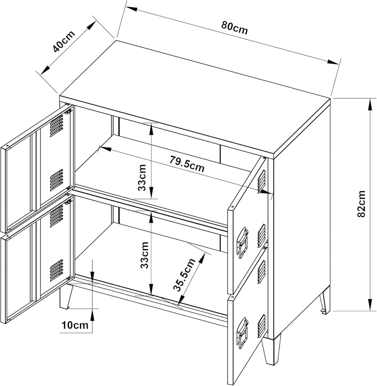 [en.casa] Armario de oficina Hamina archivador con 4 puertas armario multiusos con 2 estantes armario de almacenamiento industrial de acero armario auxiliar 80 x 40 x 82 cm negro