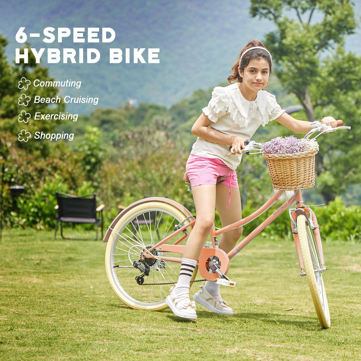 Glerc Missy 20, 24, 26 pulgadas bicicleta híbrida urbana tipo crucero para niñas, de 6 velocidades, con cesta de mimbre, para jóvenes mayores de 6 años, varios colores