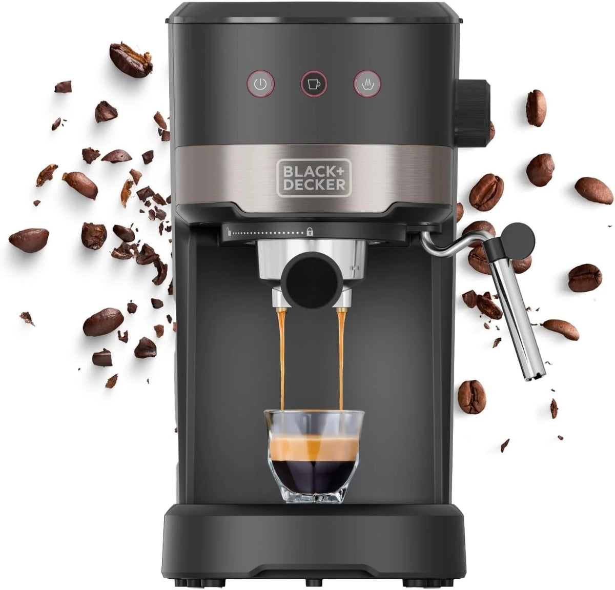Black+Decker - Kompaktowy ekspres do kawy 1100 W | 20 barów ciśnieniowych | 3 funkcje | zintegrowana dysza parowa | wyjmowany zbiornik 1,4 l | Do kawy mielonej i kapsułek | Nowoczesny design