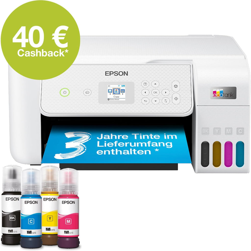 Impresora de depósitos de tinta EcoTank ET-2876 para hogares ajetreados, Wi-Fi, impresión, copia y escaneado en A4, pantalla LCD de 3,7 cm, incluye tinta para hasta 3 años