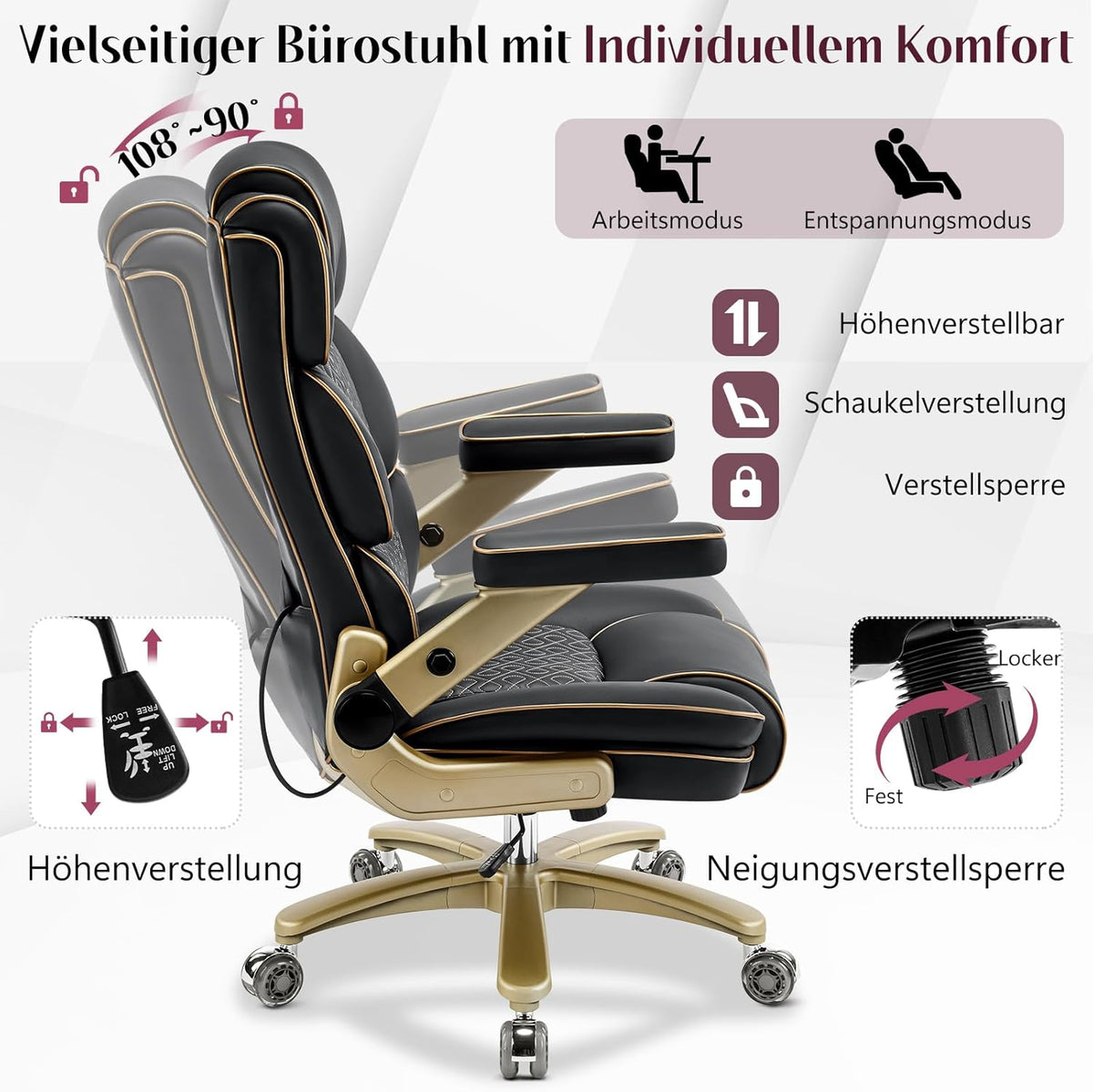 Silla de oficina Big and Tall de 230 kg, sillón ejecutivo ergonómico de piel con asiento cómodo, reposabrazos 5D, soporte lumbar ajustable, respaldo alto, silla giratoria grande para oficina en casa, negro