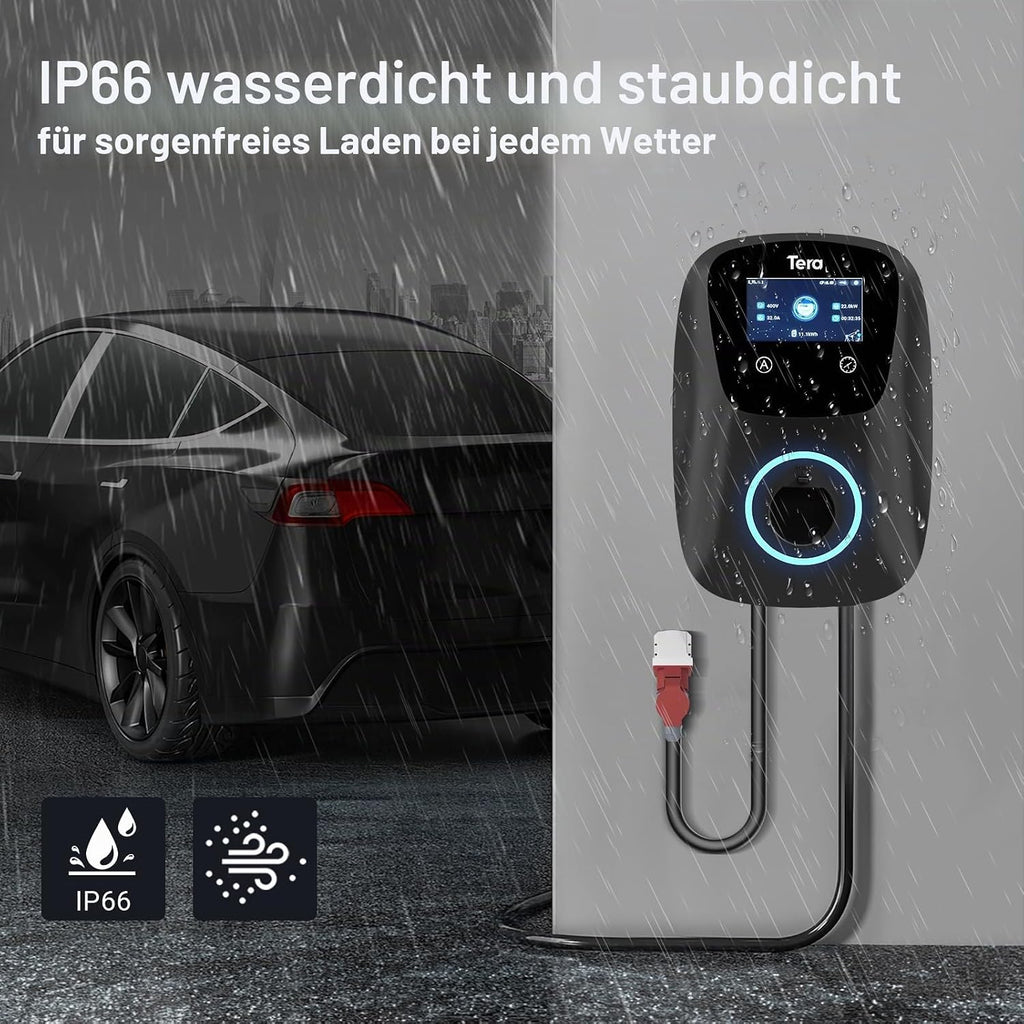 Tera EV Ladegerät Smart APP mit 32A Typ 2 22kW oder 11kW Heim Ladestation 400V CE & TÜV Wallbox 7m Ladekabel mit Ladegerätehalter App-Steuerung CEE 3-Phasen Stecker für Alle EVs und PHEVs W01 Schwarz