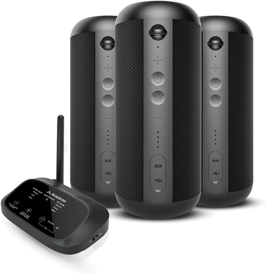 Avantree Harmony 2 – bezprzewodowy system głośników multiroom z Bluetooth i wejściami przewodowymi, zestaw 3 głośników, niezależne użycie, rozszerzalny, niskie opóźnienie do domu i biura