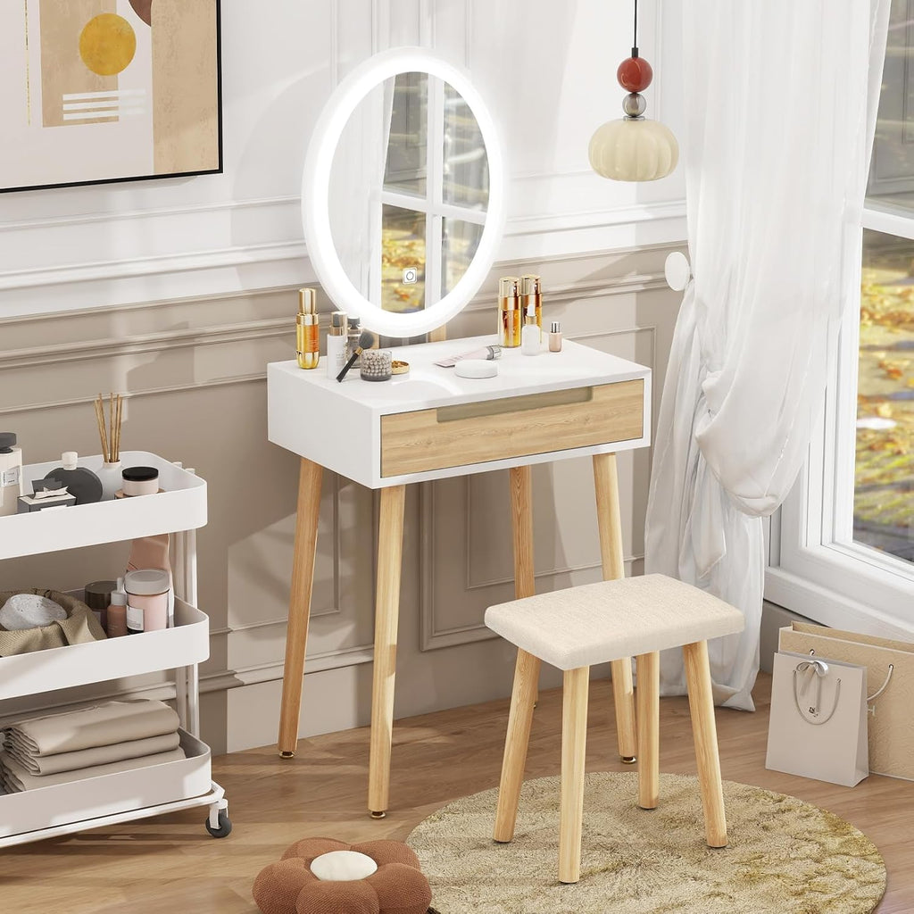 Tocador YU YUSING con iluminación, mesa de maquillaje con espejo LED y cajones, tocador con taburete acolchado, cómoda para maquillaje, moderno