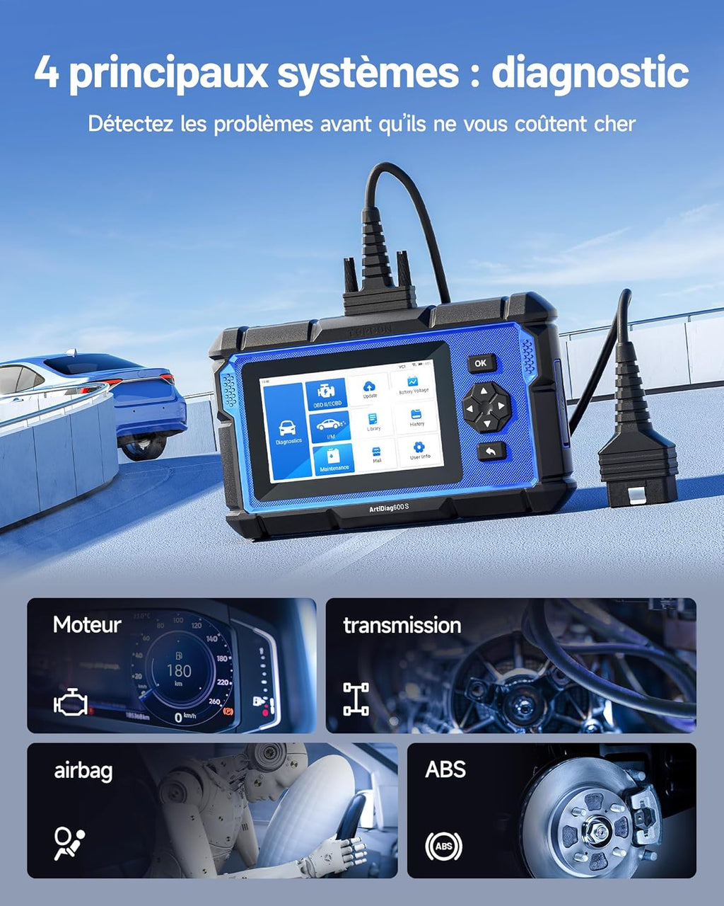 TOPDON ArtiDiag600S Escáner de diagnóstico OBD2, herramienta de diagnóstico de coche para 4 sistemas, 9 funciones de restablecimiento para aceite/frenos/SAS/BMS/ABS/DPF/TPMS/acelerador, funciones OBD2 completas