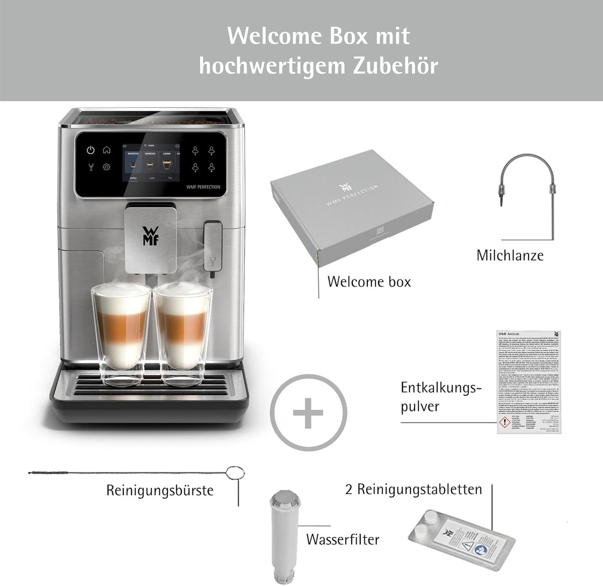 Cafetera automática WMF Perfection 640 con sistema de leche, 16 especialidades de café, doble termobloque, molinillo de acero inoxidable, almacenamiento de perfiles de usuario, wifi