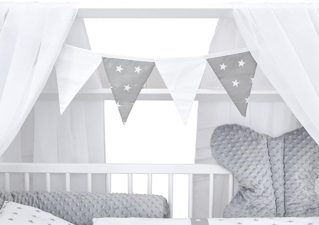 Set completo de cuna Baby Delux, cama casita de 60x120 cm, color blanco, con cajón, barrera anticaídas, colchón, ropa de cama y set de decoración (Prince Stars)