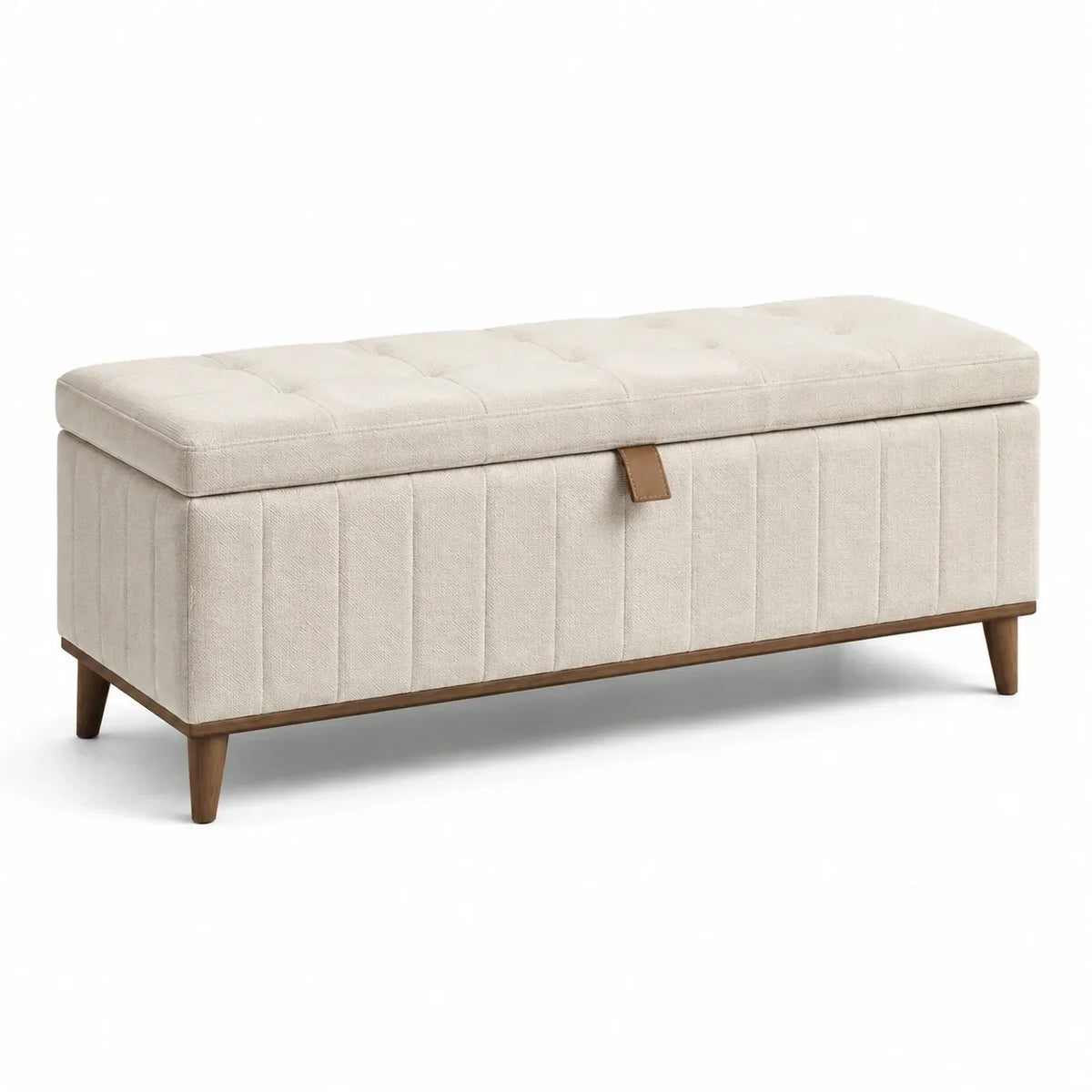 Banco tapizado con almacenamiento, lino, madera, beige