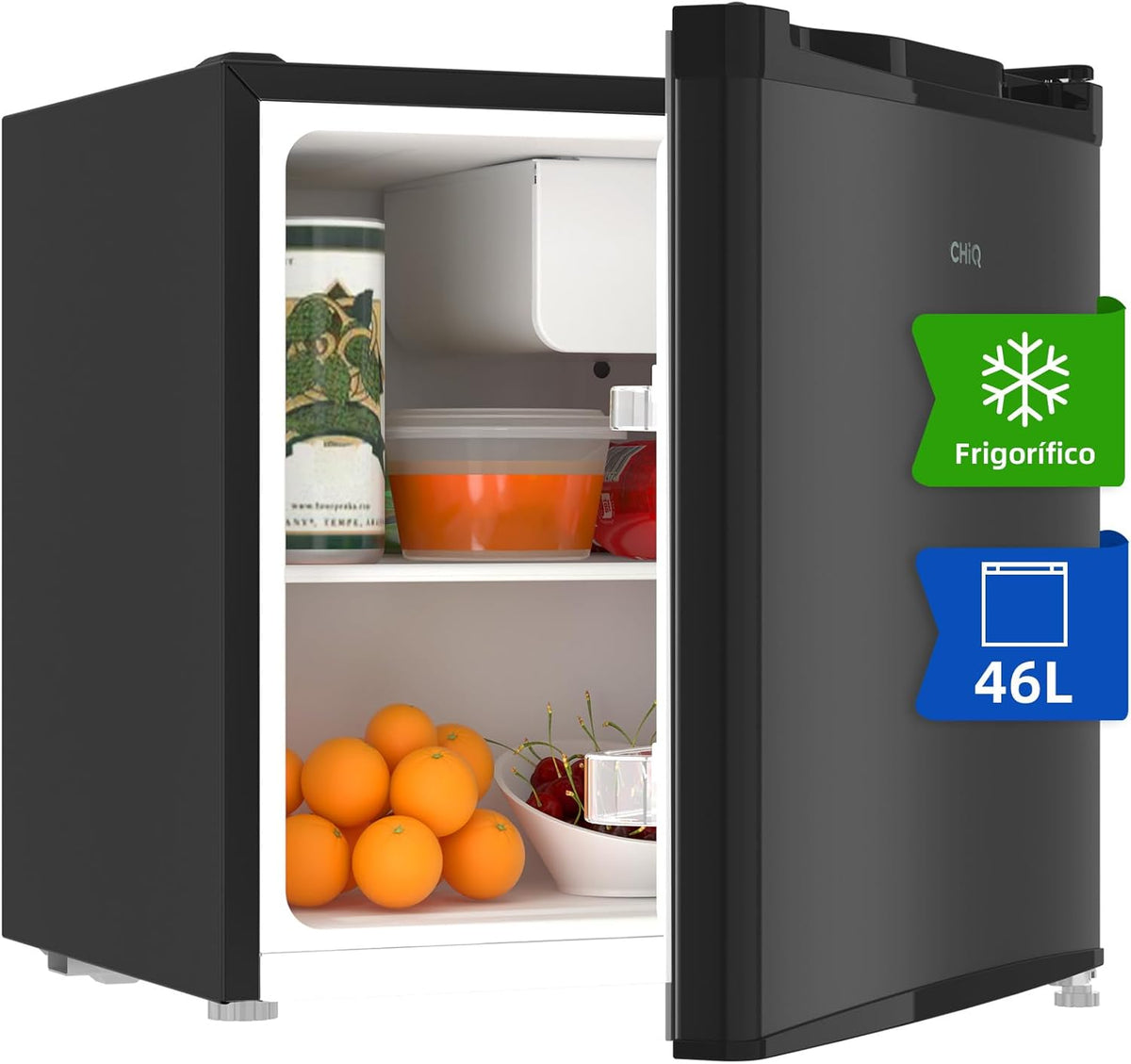 CHIQ Minibar, capacidad 46L, compresor incorporado, botellero y compartimento congelador, control de temperatura regulable, bajo nivel de ruido, puerta reversible, color negro