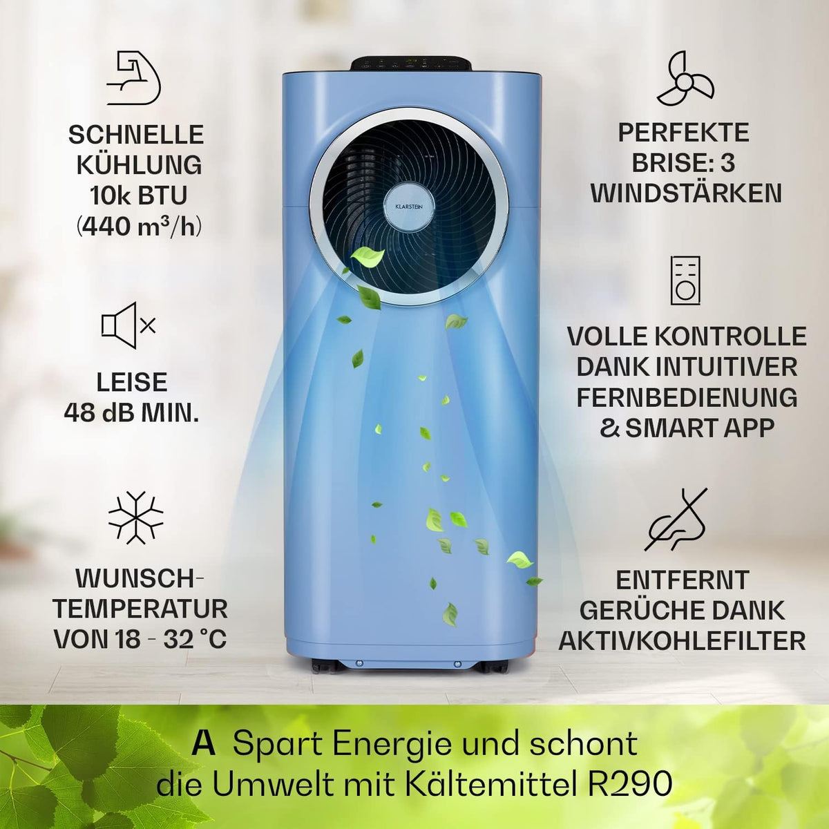 Acondicionador de aire portátil Klarstein con manguera de escape, unidad de climatización 5 en 1, ventilador, deshumidificador, purificador de aire y modo nocturno, control por aplicación, pequeño y portátil, para hogar y oficina, 12000 BTU