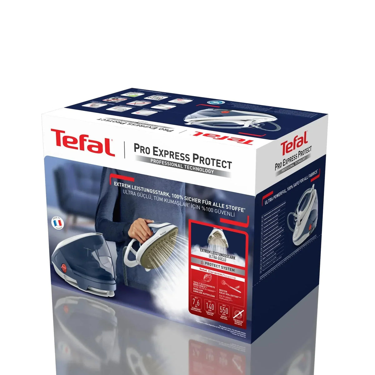 Centro de planchado Tefal Pro Express Protect 7,6 bares, 140 g/min, golpe de vapor 550 g/min, antical, azul grisáceo/blanco GV9225