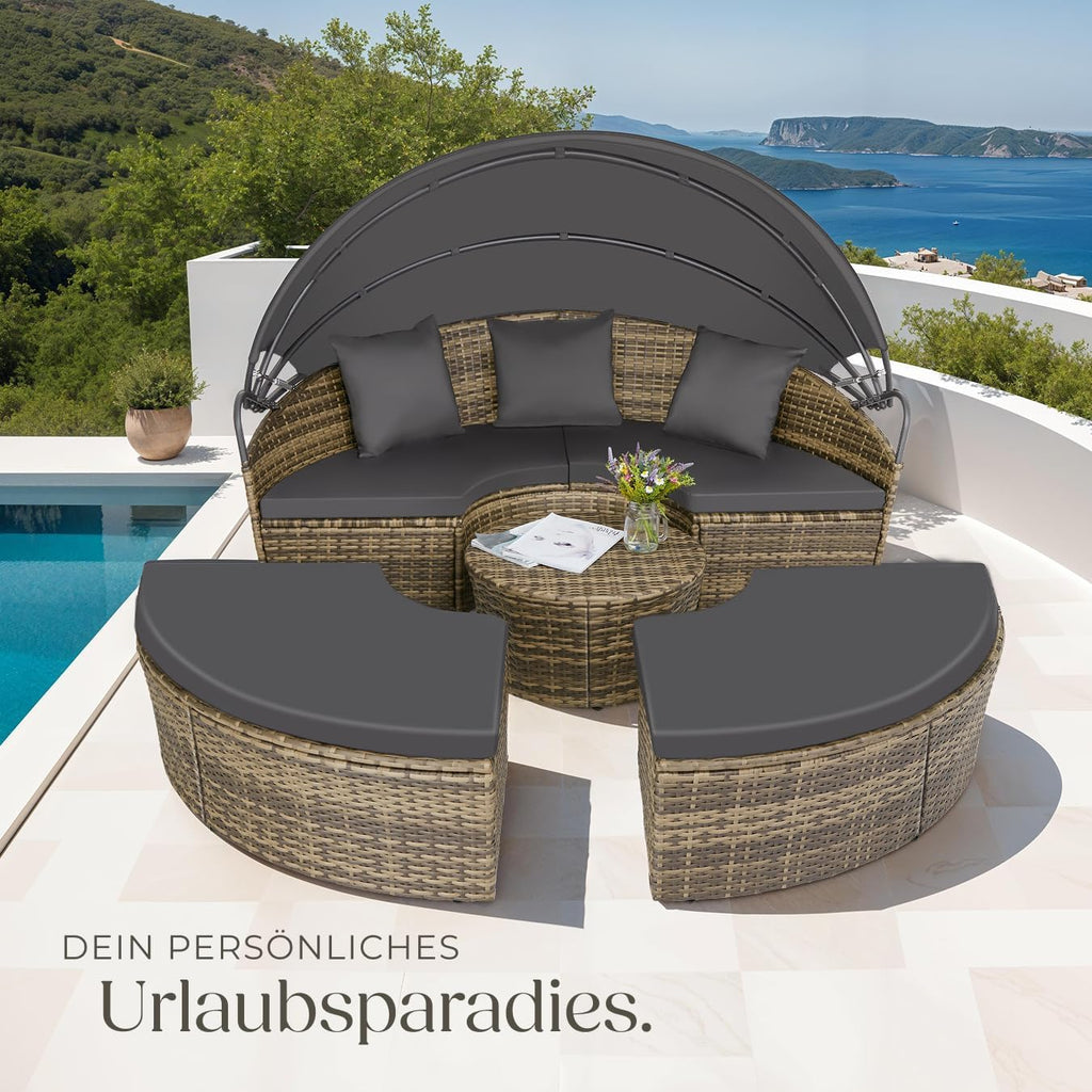 tectake® Sofá cama de jardín, isla solar para exteriores resistente a la intemperie, sillón de jardín, tumbona para 2 personas y más, mueble multifuncional para terraza o balcón, tumbona de jardín resistente a la intemperie - Naturaleza