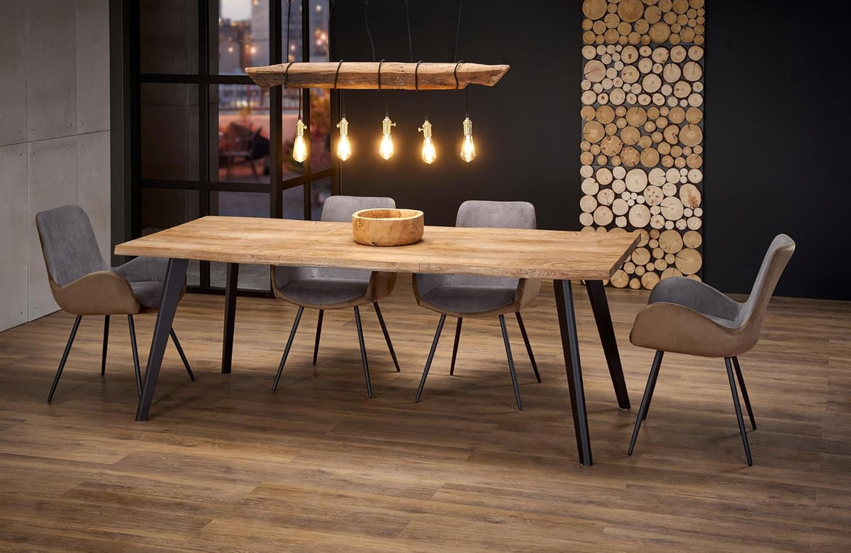 designimpex Mesa de comedor de diseño HAW-222, roble natural, chapa de madera auténtica, borde vivo, madera maciza, extensible de 120 a 180 cm, borde natural, mesa de comedor, mesa de cocina