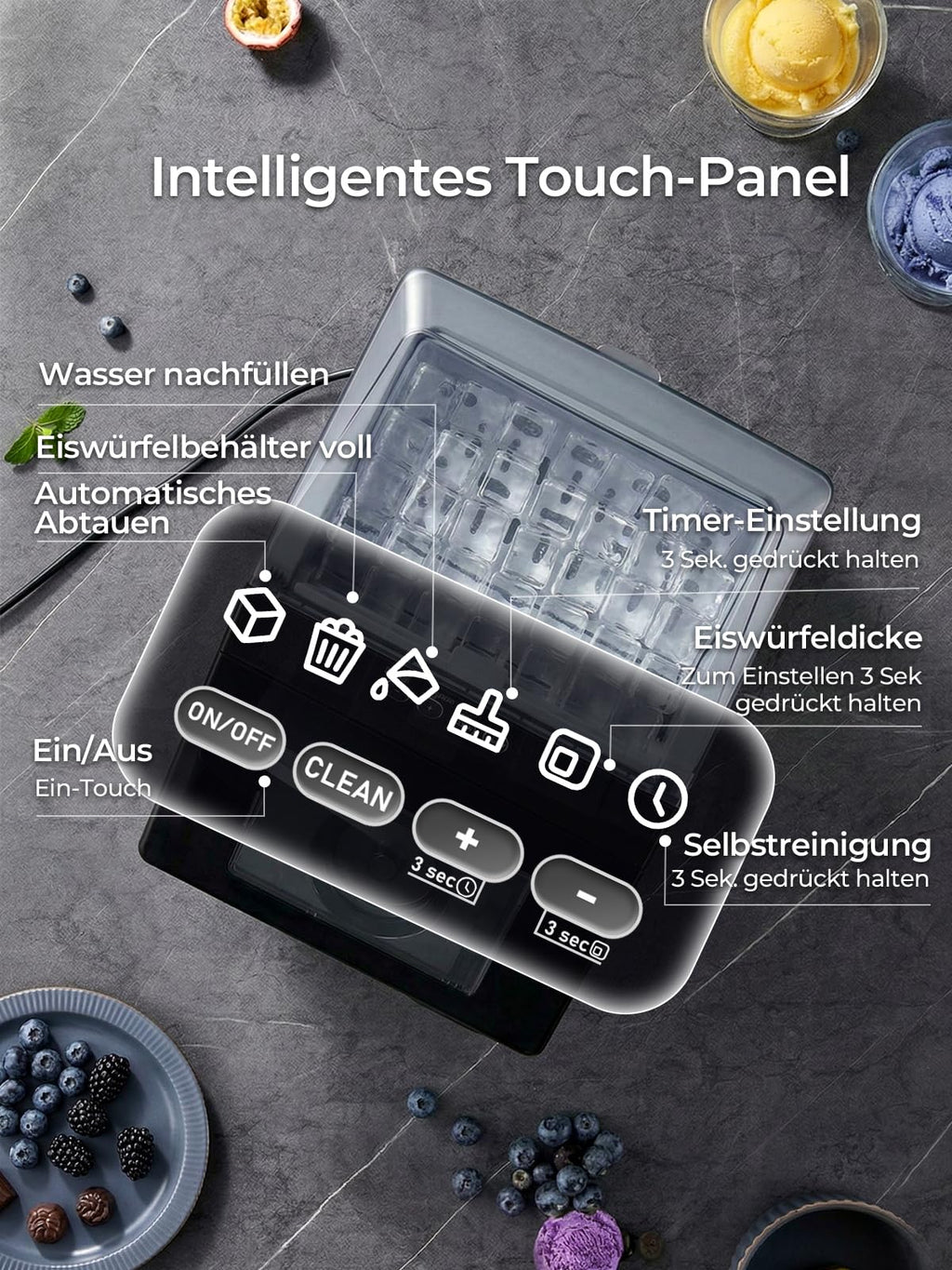 FOHERE Máquina de hielo de acero inoxidable 24 kg/24h, 24 cubitos en 10 min, 3,2 L, doble entrada de agua, 40 dB, temporizador, autolimpieza, descongelación
