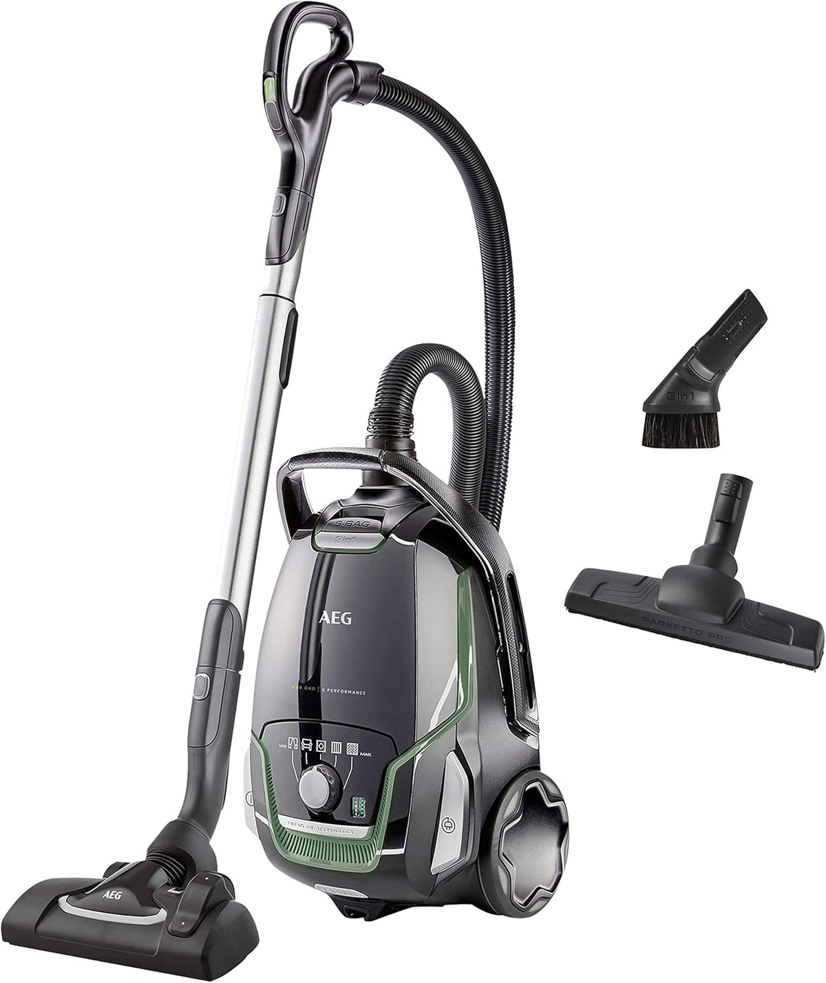 Aspiradora AEG VX9-2-ÖKO / 12 m / 850 vatios / solo 65 dB(A) / 5 l / negro / verde y filtro AFS1W Allergy Plus (ideal para alérgicos, eficacia de filtrado superior al 99%, aire limpio, lavable) azul/blanco