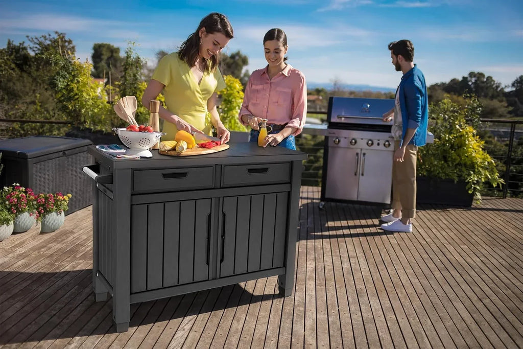 Mesa auxiliar para parrilla de exterior 22634 con 2 cajones, aspecto de madera, resina sintética, espacio de almacenamiento, 124 cm, para jardín y zona de barbacoa