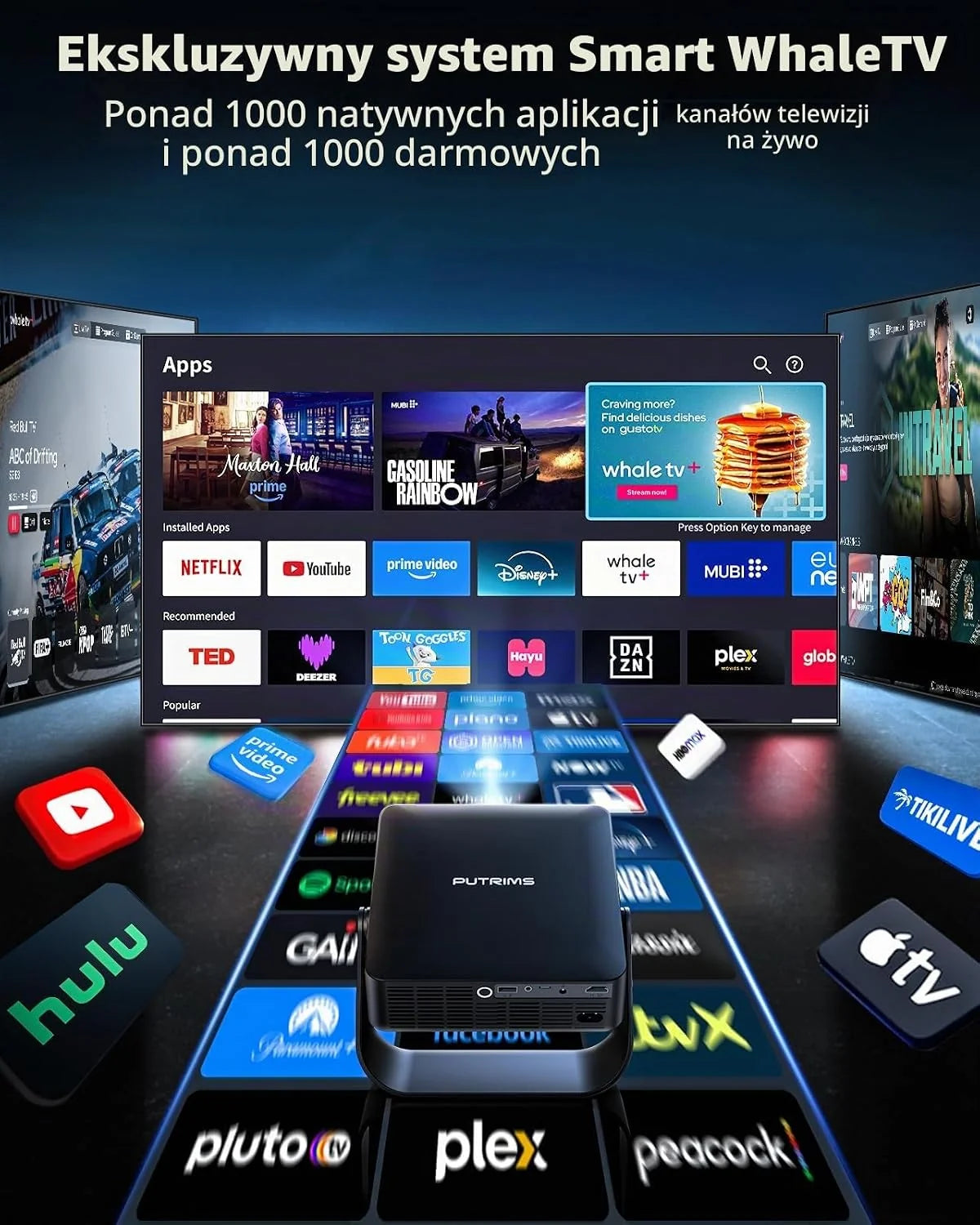 Inteligentny rzutnik (kompatybilny z Netflix/Live TV/obracany o 330°】 Mini projektor 4K z autofokusem / korekcją trapezu 6D, mini projektor 4K 1080p Full HD WiFi6 i Bluetooth do kina domowego
