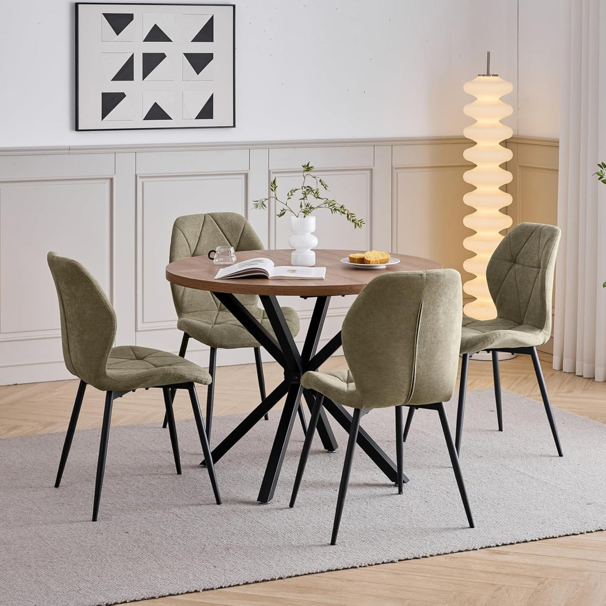 Juego de mesa de comedor y sillas, mesa de comedor redonda de 100 cm y 4 sillas modernas de lino, para comedor, cocina, sala de estar (oscuro + verde)