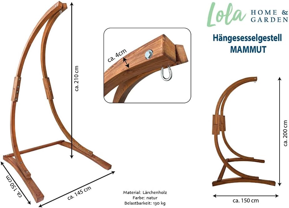 Soporte para silla colgante Lola Mammut de madera de alerce FSC, resistente a la intemperie, independiente, máx. 130 kg, estructura para exteriores e interiores, soporte para hamaca, silla colgante, sillón colgante y cuna con muelles.