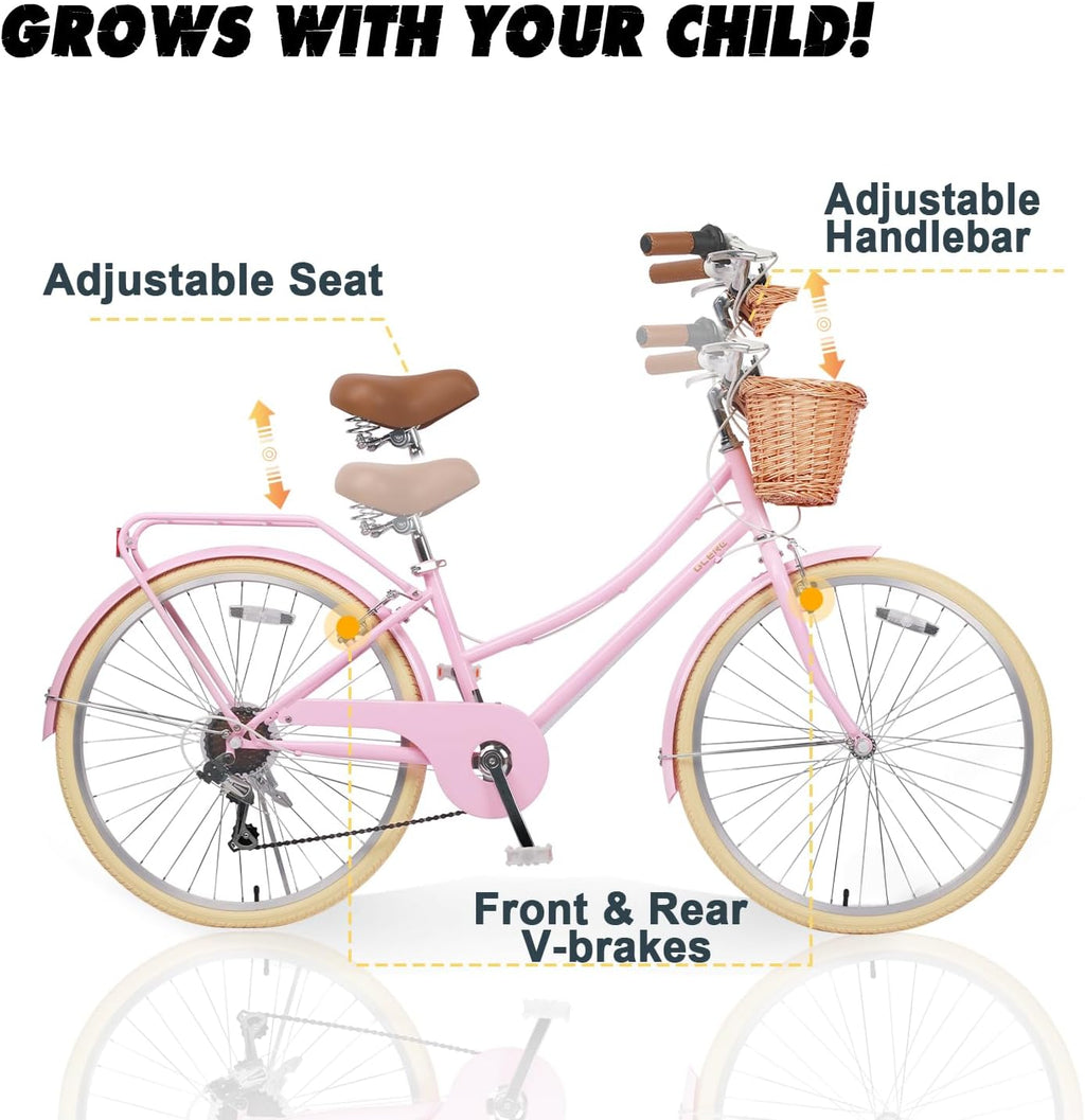 Glerc Missy 20, 24, 26 pulgadas bicicleta híbrida urbana tipo crucero para niñas, de 6 velocidades, con cesta de mimbre, para jóvenes mayores de 6 años, varios colores