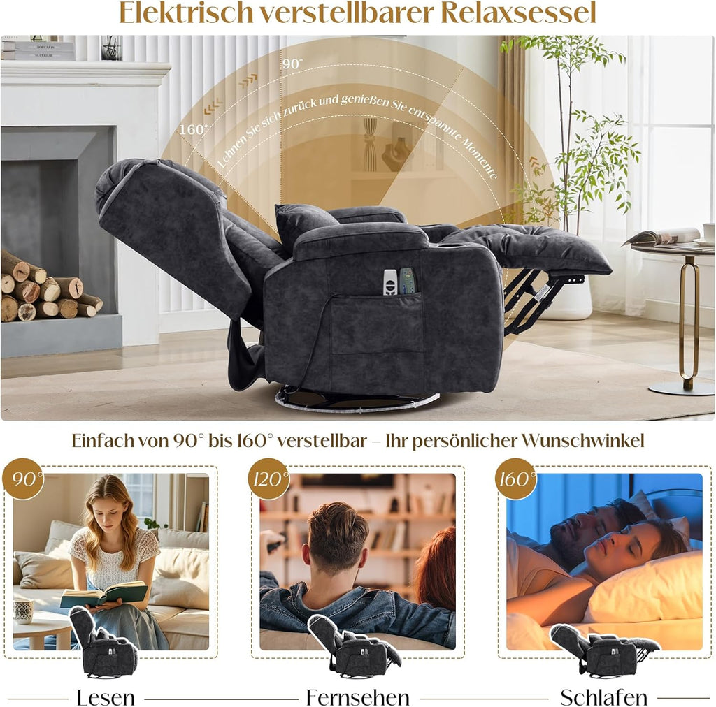 Sillón reclinable eléctrico, sillón relax con función de tumbona, sillón giratorio 240°, sillón de cine, sillón de masaje con función de calor, sillón de TV para salón hasta 150 kg (tejido de terciopelo, gris)