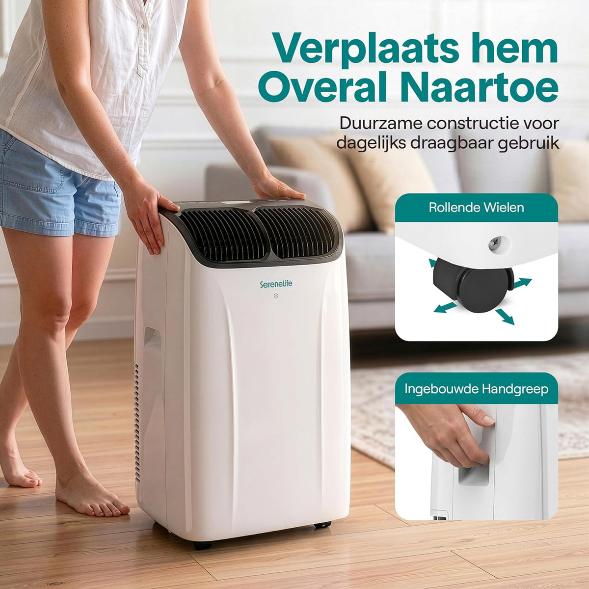 Aire acondicionado portátil SereneLife de 12.000 BTU con función de calefacción – Aire acondicionado compacto para habitaciones de hasta 32 m² | Refrigeración, calefacción, deshumidificador y ventilador | 48 dB | Gris