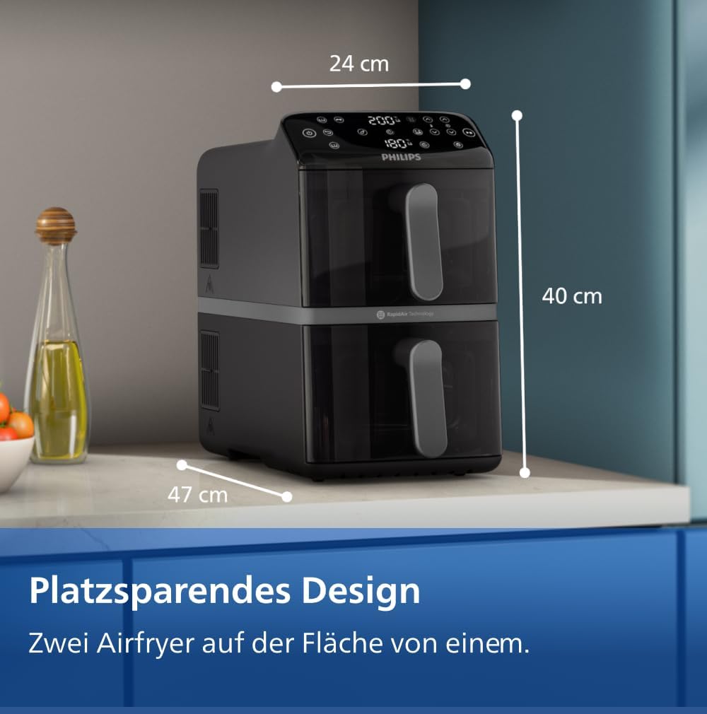 Philips Airfryer Serie 4000 de doble cesta apilada, freidora de aire de 2 compartimentos, 10 l, tecnología RapidAir, 45 % menos de espacio, revestimiento cerámico libre de PFAS, ventana de visualización (NA460/00)
