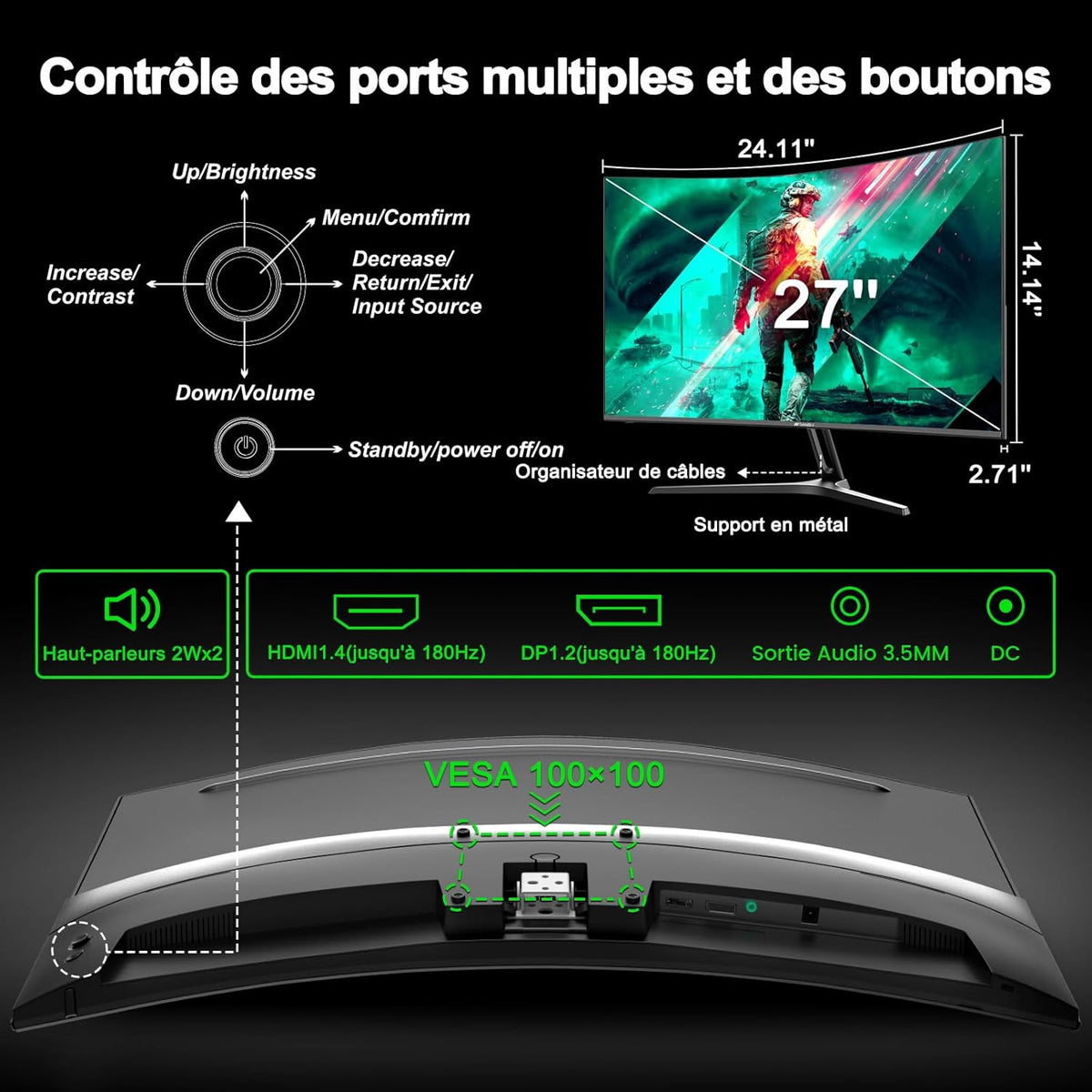 Monitor Gamer Curvo Minifire de 27 pulgadas, 180Hz, 1500R, FHD (1920 x 1080), MPRT 1ms, 130% sRGB, con altavoces y panel VA (MFG27C1)