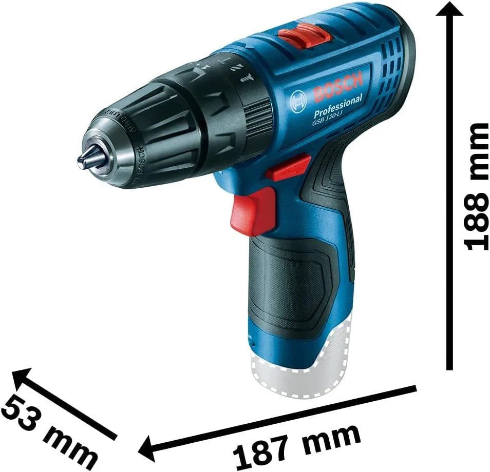 Bosch Professional system 12V: akumulatorowa wiertarko-wkrętarka udarowa GSB 120-LI (2 akumulatory GBA 12V 2.0Ah, ładowarka GAL 1210 CV, 23-częściowy zestaw wierteł i końcówek, walizka)