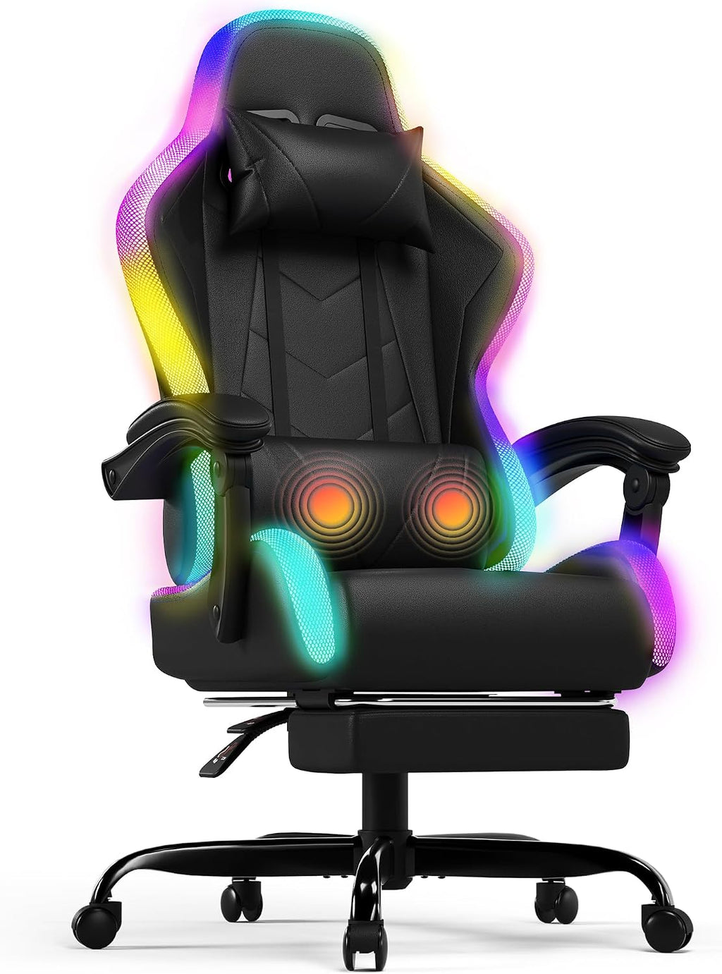 Silla gaming LED Devoko – Silla de oficina ergonómica con función de masaje y reposapiés telescópico, respaldo ajustable (90-135°), para gamers de hasta 150 kg, diseño que cuida la vista, negro