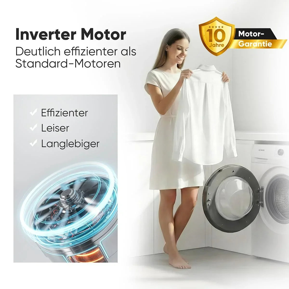 Lavadora Bomann 7 kg, 1400 rpm, motor inverter, 10 años de garantía, 15 programas, inicio diferido, WA 7175.1, clase energética A