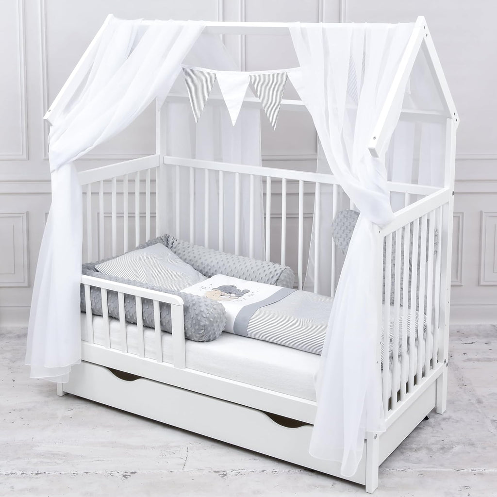 Set completo de cuna Baby Delux, cama casita de 60x120 cm, color blanco, con cajón, barrera anticaídas, colchón, ropa de cama y set de decoración (Prince Stars)