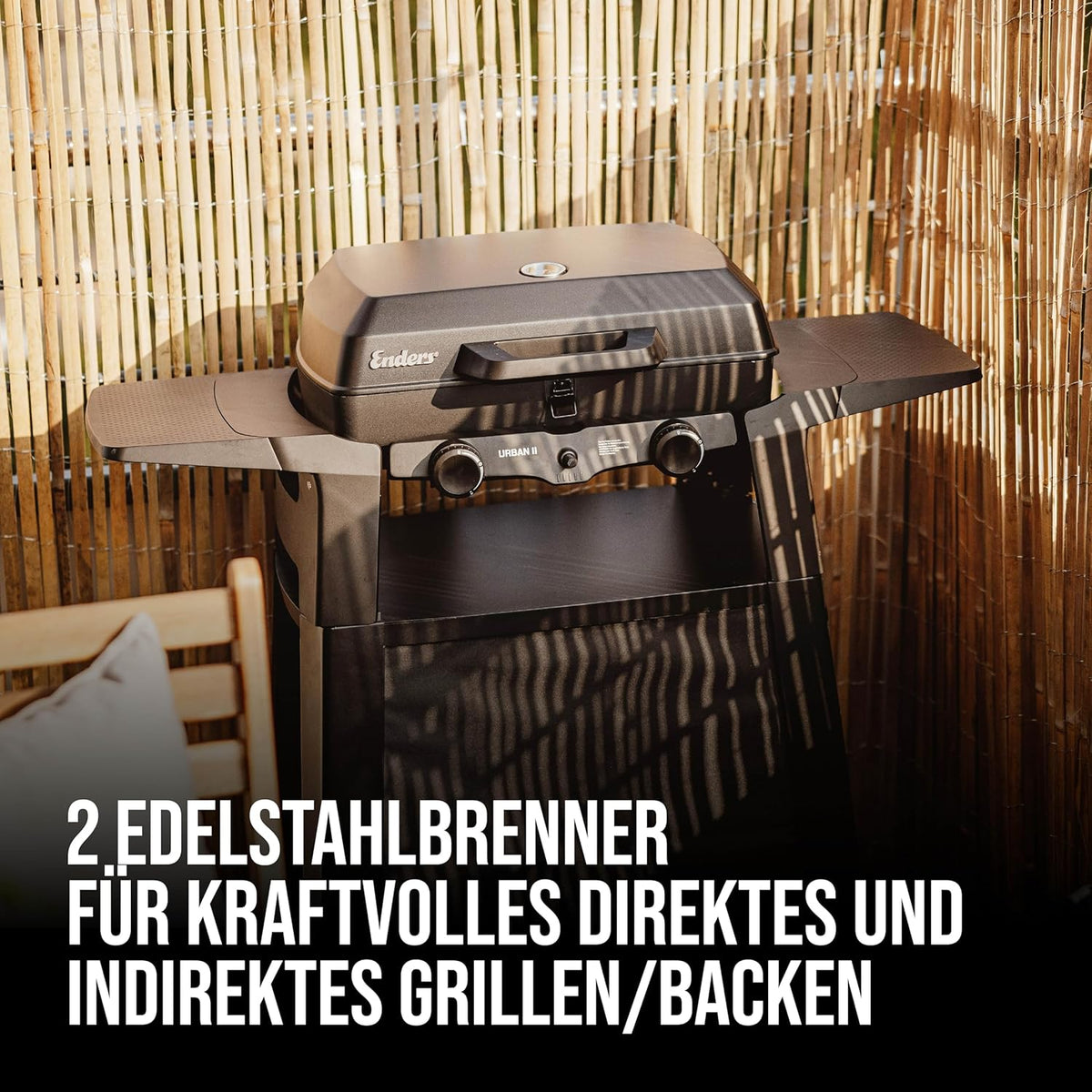 EndersGasgrill Urban II Pro, parrilla de mesa, función de asado, cocción y horneado, 2 quemadores de acero inoxidable, con termómetro para parrilla, parrilla para balcón y camping, carcasa de aluminio fundido, rejilla de hierro fundido, #2062