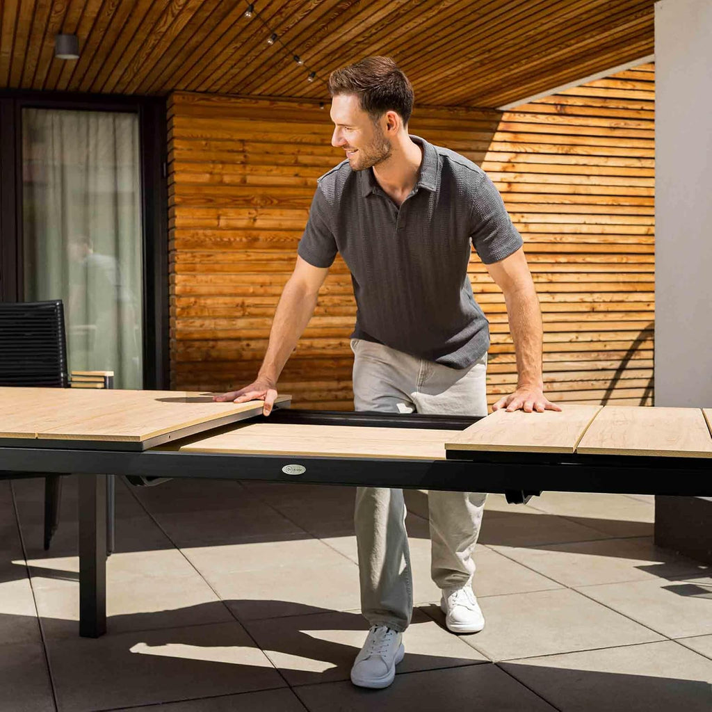 Mesa de jardín extensible Barleta de di volio 200–300 cm de aluminio con efecto madera, mesa resistente a la intemperie para jardín y terraza (beige)