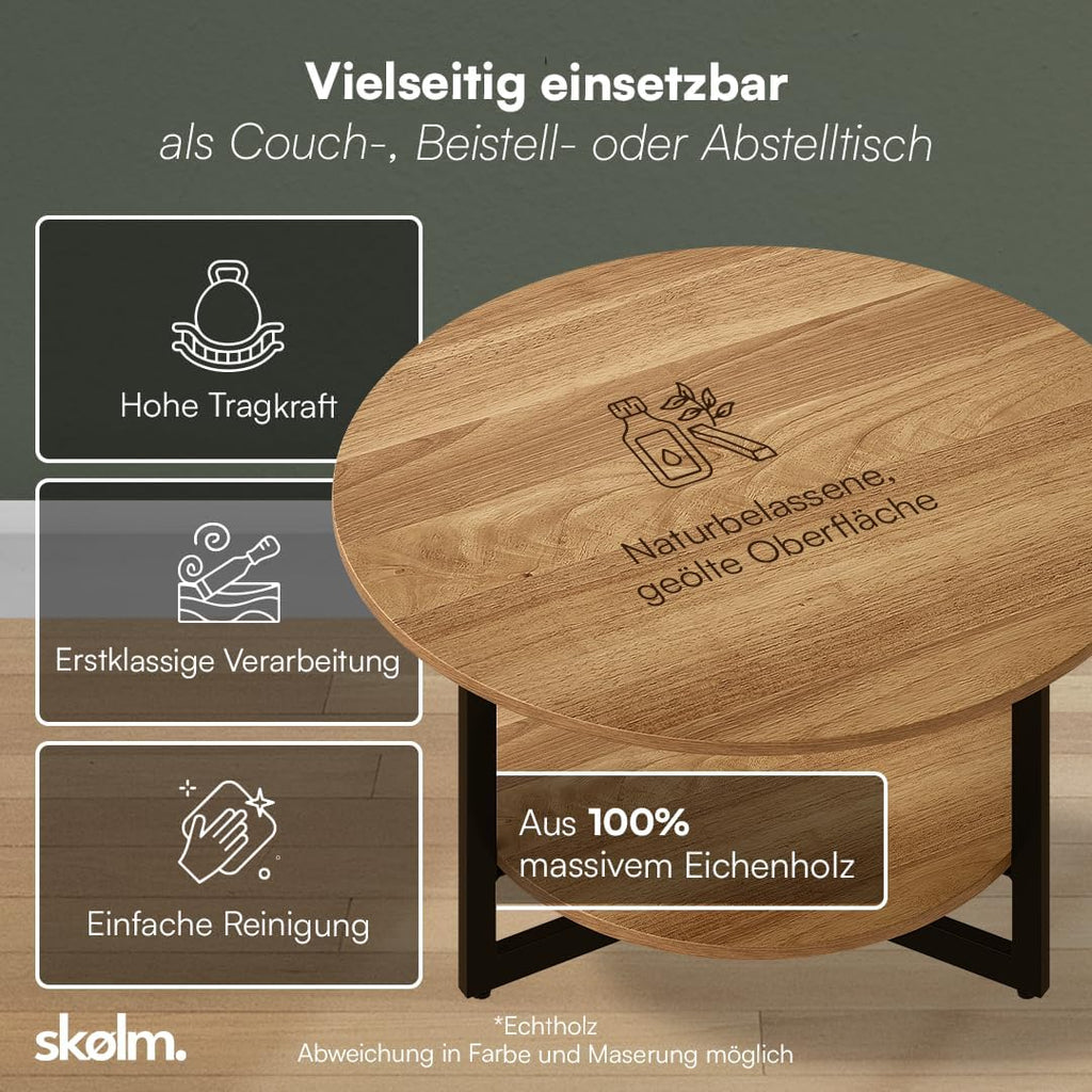 Mesa de centro redonda skølm Drakkar Ø70 cm – Mesa de salón de madera maciza de roble y estructura de metal – Mesa de sofá con 2 estantes – Mesa auxiliar pequeña aceitada – Mesa de madera para salón con espacio de almacenamiento – Mesa de centro
