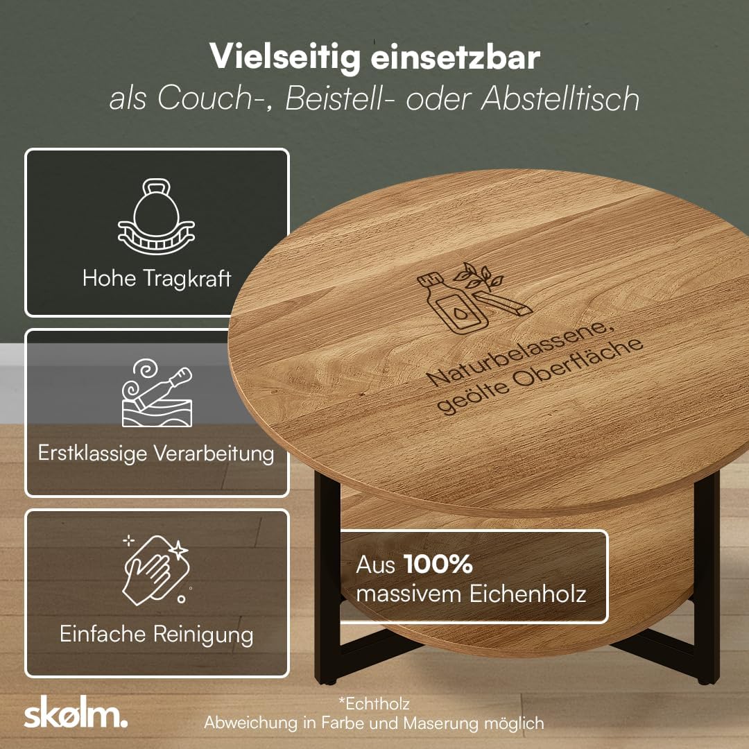 Mesa de centro redonda skølm Drakkar Ø70 cm – Mesa de salón de madera maciza de roble y estructura de metal – Mesa de sofá con 2 estantes – Mesa auxiliar pequeña aceitada – Mesa de madera para salón con espacio de almacenamiento – Mesa de centro