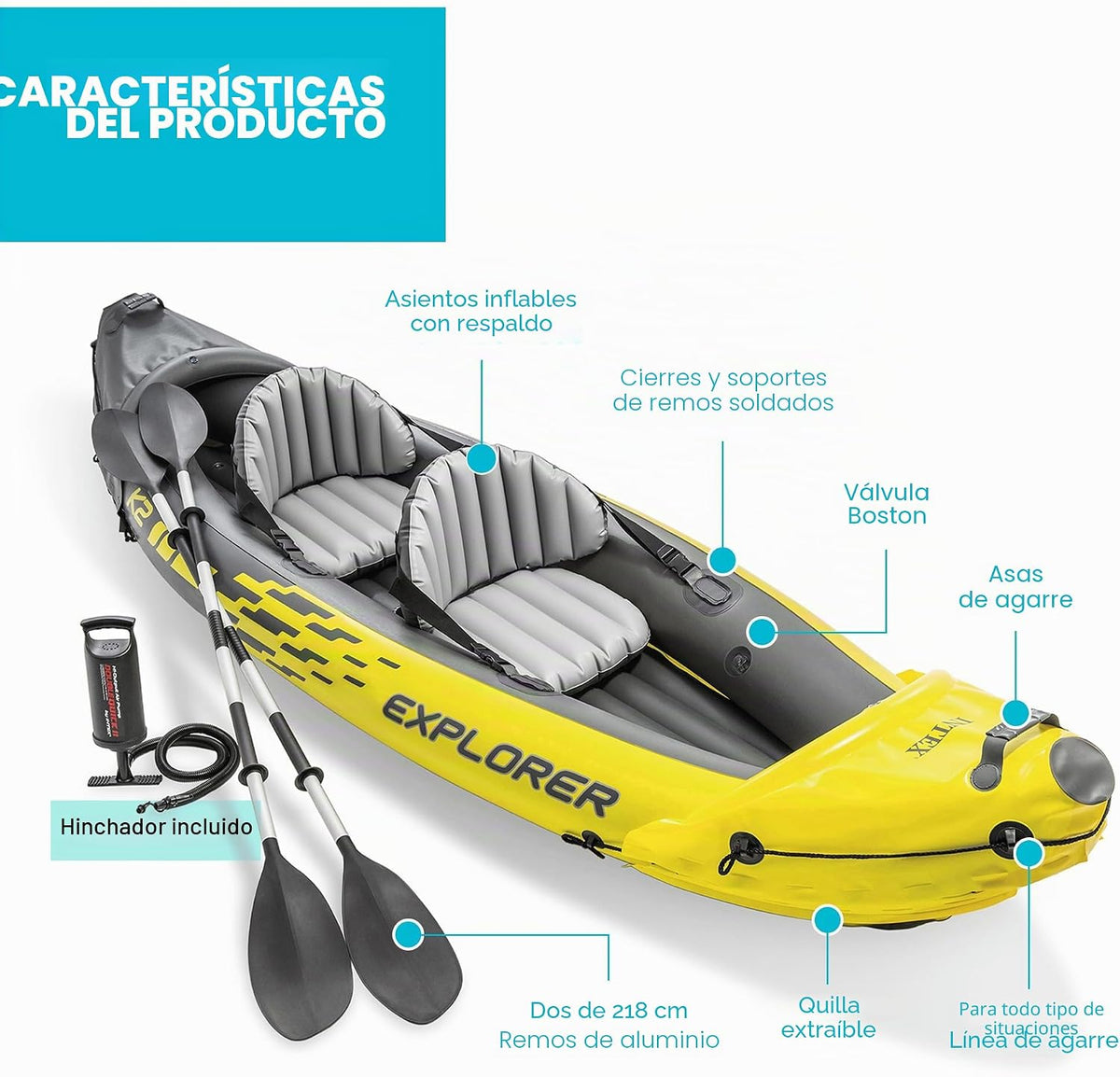 Kayak Intex Explorer K2, set de kayak inflable para 2 personas con remos de aluminio y bomba de aire de alto flujo