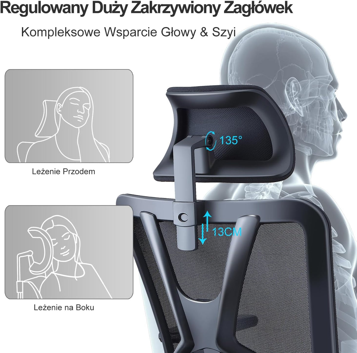 Ergonomiczne krzesło biurowe Ticova - krzesło biurowe z wysokim oparciem i regulowanym podparciem odcinka lędźwiowego, zagłówkiem i podłokietnikiem 3D