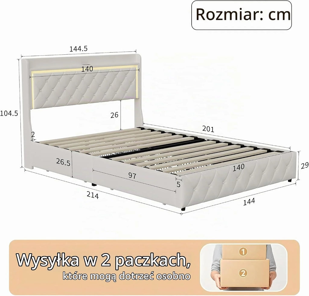Podwójne łóżko z pojemnikiem 140 x 200 cm, łóżko tapicerowane 140 x 200 cm z 4 szufladami, LED i portem USB, funkcjonalne łóżko z zagłówkiem, rama łóżka z stelażem listwowym, aksamit, bez materaca