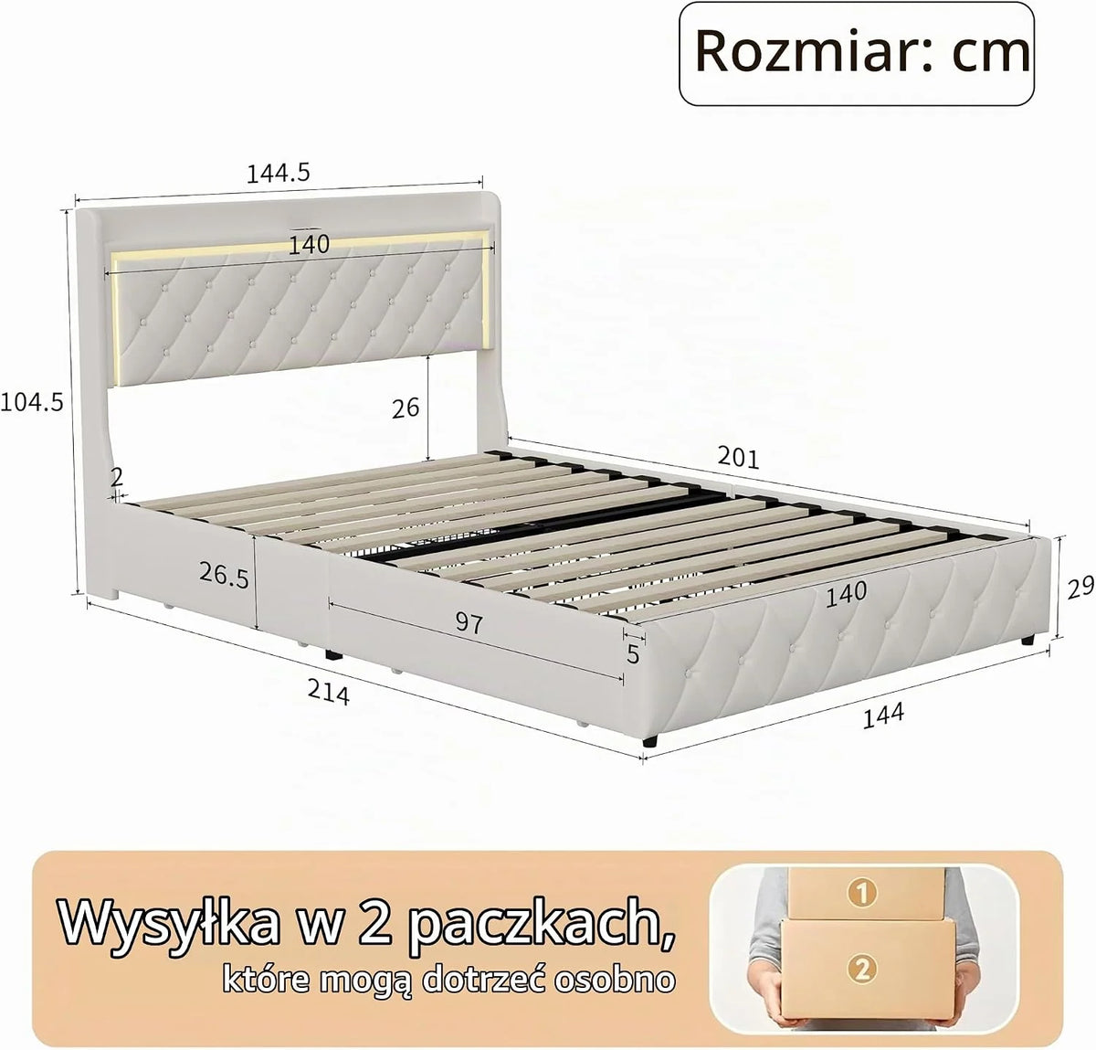 Podwójne łóżko z pojemnikiem 140 x 200 cm, łóżko tapicerowane 140 x 200 cm z 4 szufladami, LED i portem USB, funkcjonalne łóżko z zagłówkiem, rama łóżka z stelażem listwowym, aksamit, bez materaca