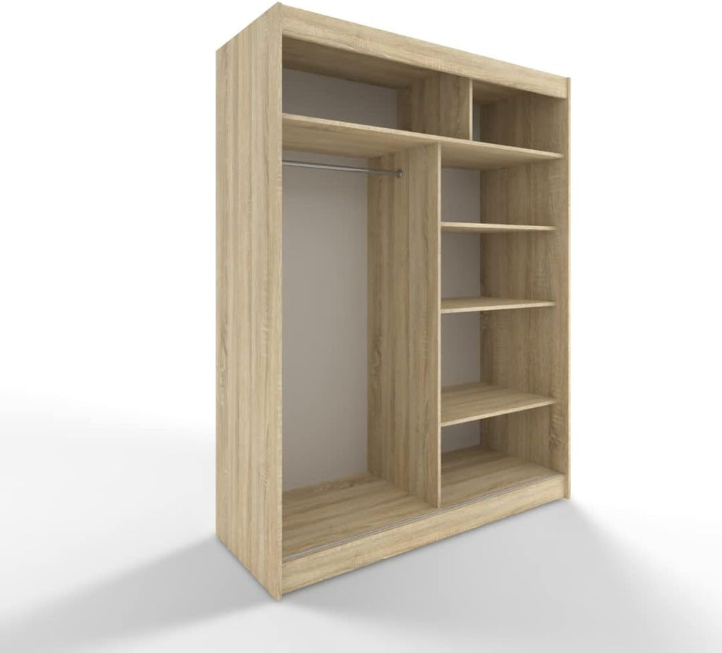 Armario corredero ML Furniture de 150 cm con espejo, armario para dormitorio, armario multiusos para salón - 150 x 200 x 58 cm; color: blanco, armario de puertas correderas