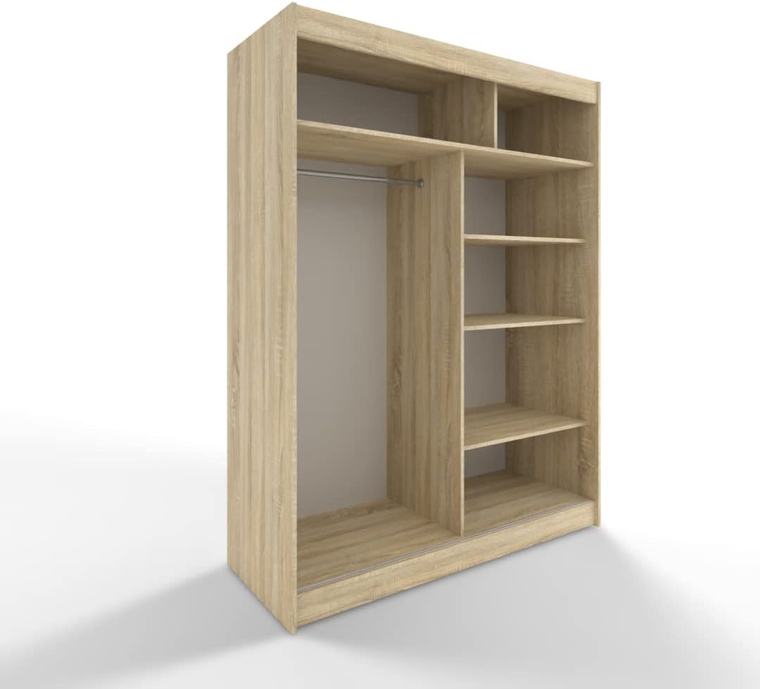 Armario corredero ML Furniture de 150 cm con espejo, armario para dormitorio, armario multiusos para salón - 150 x 200 x 58 cm; color: blanco, armario de puertas correderas