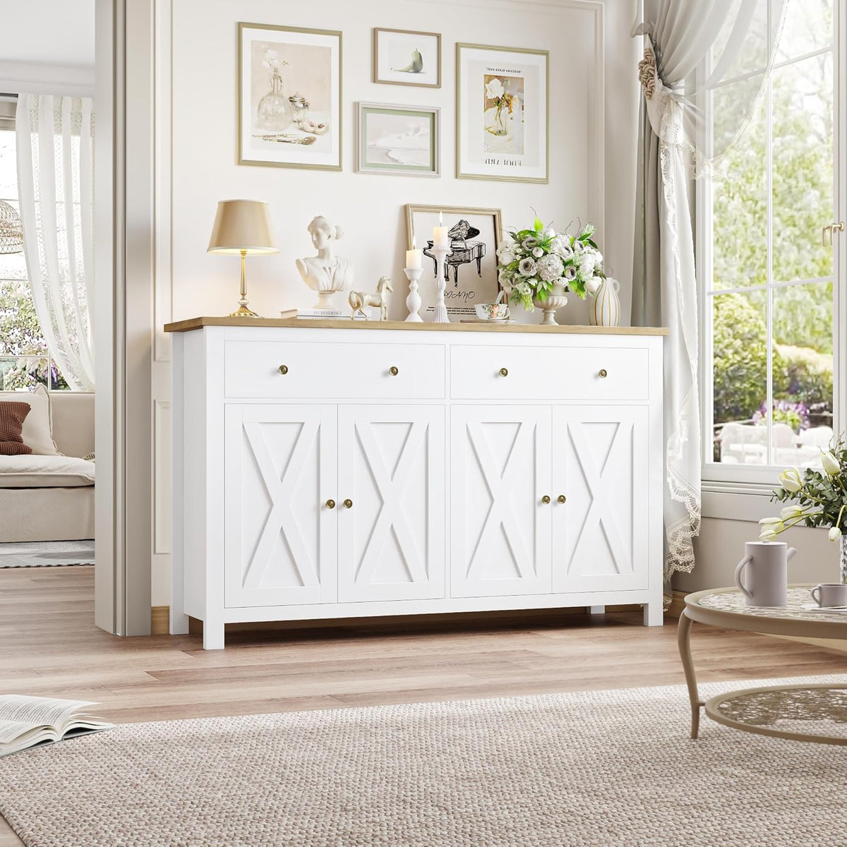 Aparador FirFurd de 140 cm de ancho, armario de cocina con encimera, alacena con 2 cajones y 4 puertas, mueble buffet de cocina con estante ajustable, aparador para cocina, salón y comedor, blanco, 140x89x40 cm
