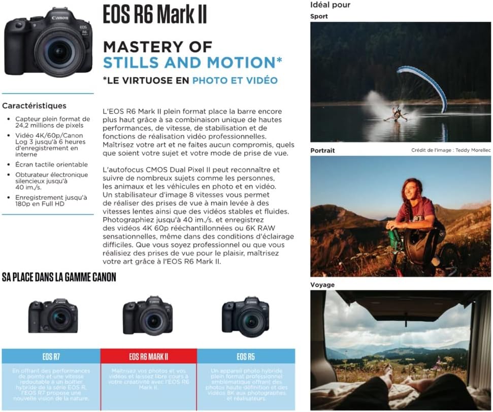 Cámara sin espejo Canon EOS R6 Mark II, cuerpo solo, 24,2 megapíxeles, 40 fps, vídeo 4K 60p, Dual Pixel CMOS Auto Focus II, negro
