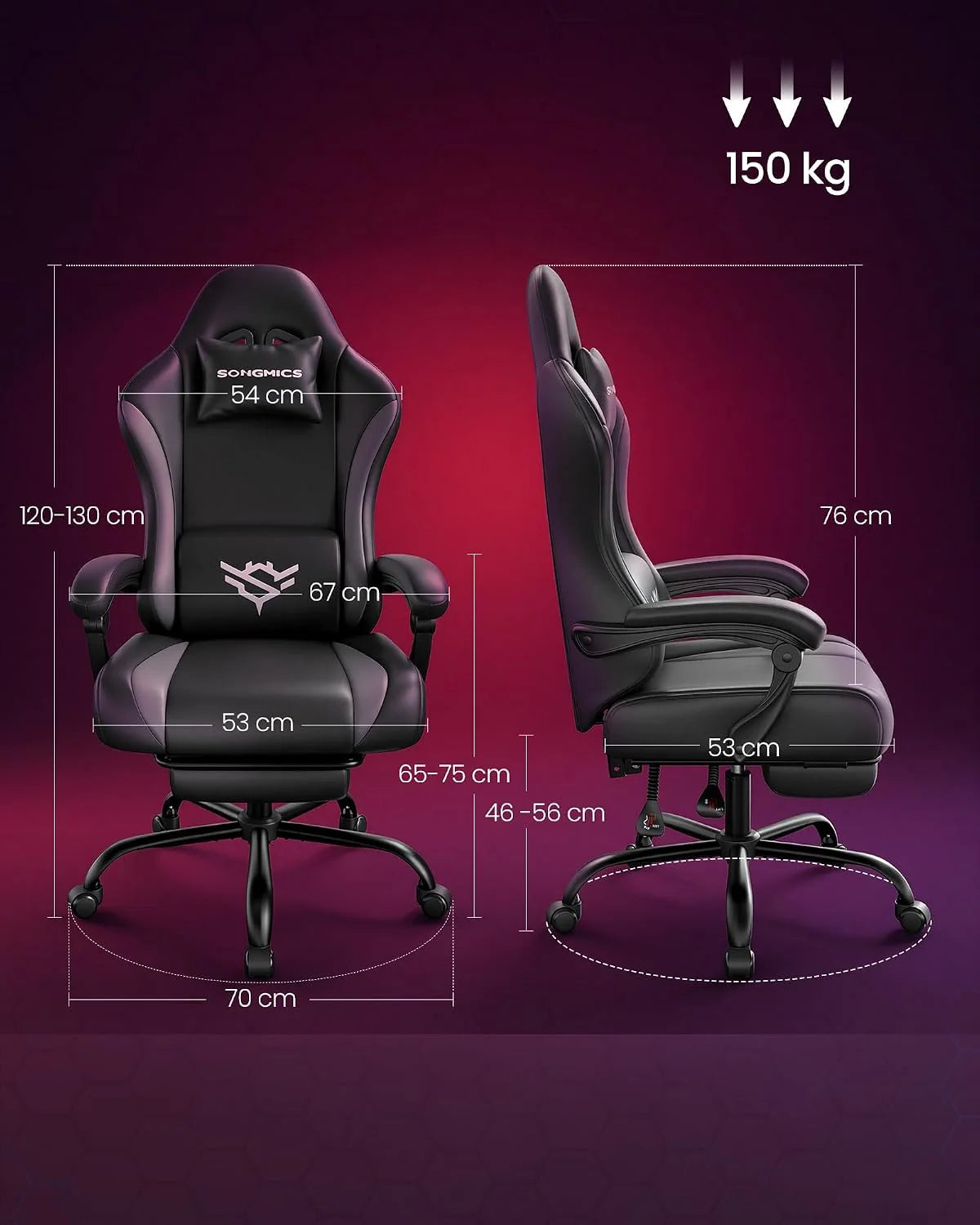 SONGMICS Fotel Gamingowy, Skóra PU, z Podnóżkiem, 70 x 70 x (120-130) cm
