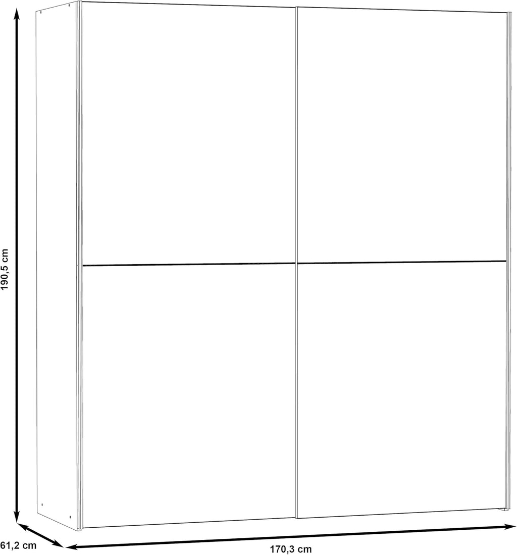 Armario Forte KAIKAIS 170, moderno armario de puertas correderas, 2 puertas, espejo, dormitorio, aglomerado de madera, blanco alto brillo, 170,3 cm de ancho x 190,5 cm de alto x 61,2 cm de profundidad