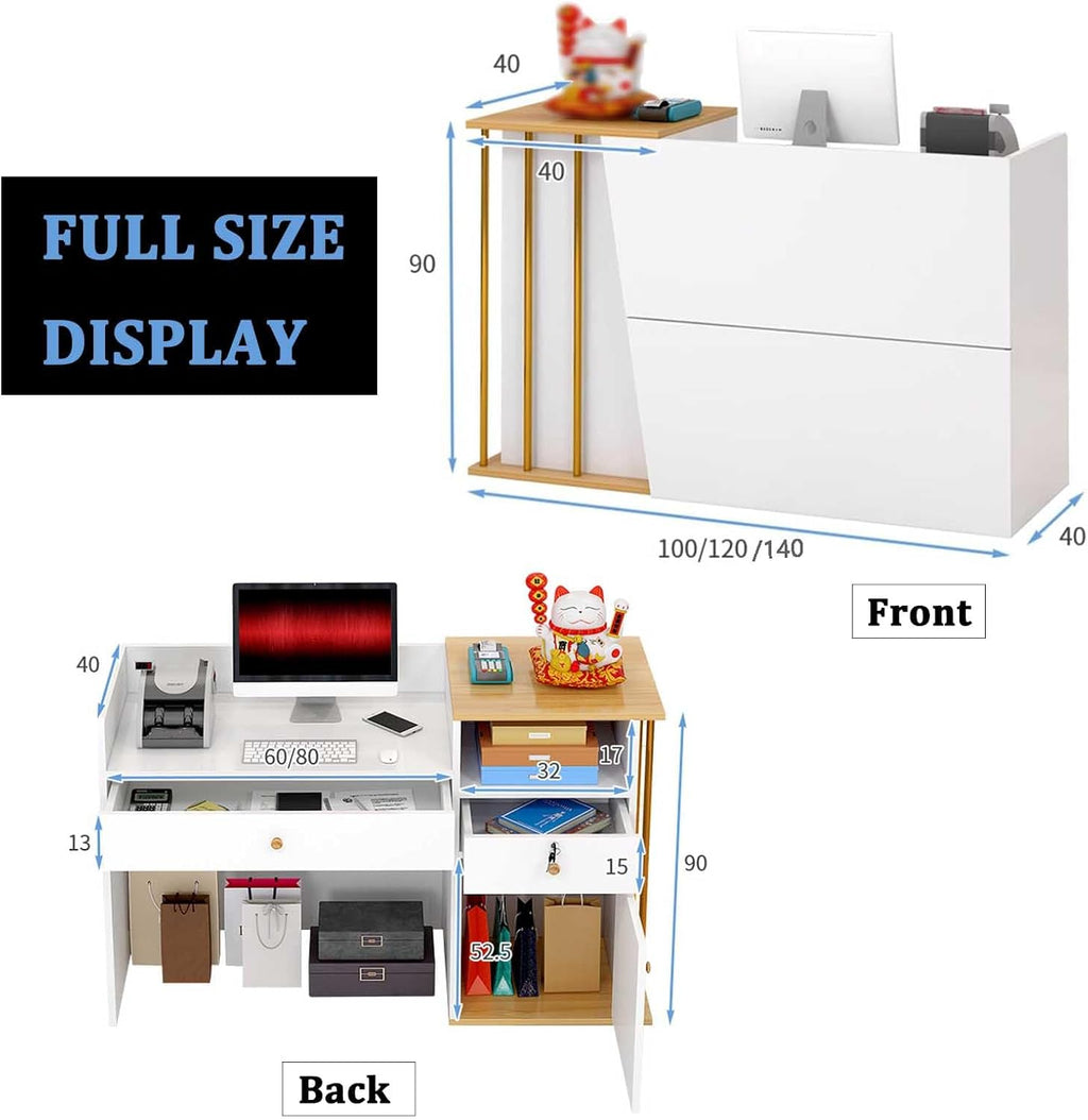 Mostrador de recepción para consulta, mostrador de recepción, mostrador de bienvenida, mesa de recepción con zona de trabajo alta y baja para supermercado, hotel, salón de belleza, tienda de ropa, cajero, ancho 140 cm