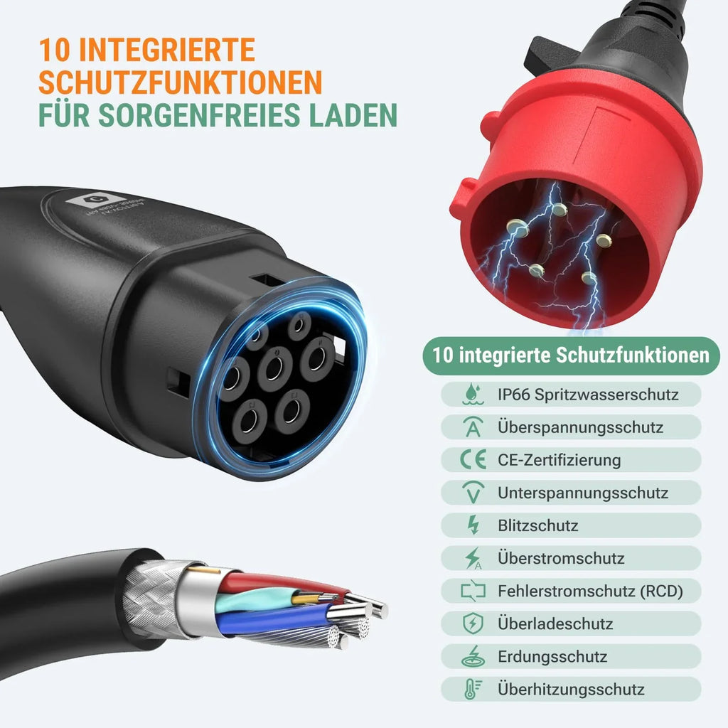 Wallbox portátil 11 kW con app, 400 V, 16 A, trifásica, cable de carga tipo 2 de 7,6 m, CEE, IP66, OLED, montaje mural para coches eléctricos