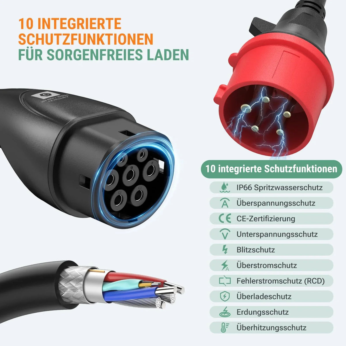 Wallbox portátil 11 kW con app, 400 V, 16 A, trifásica, cable de carga tipo 2 de 7,6 m, CEE, IP66, OLED, montaje mural para coches eléctricos