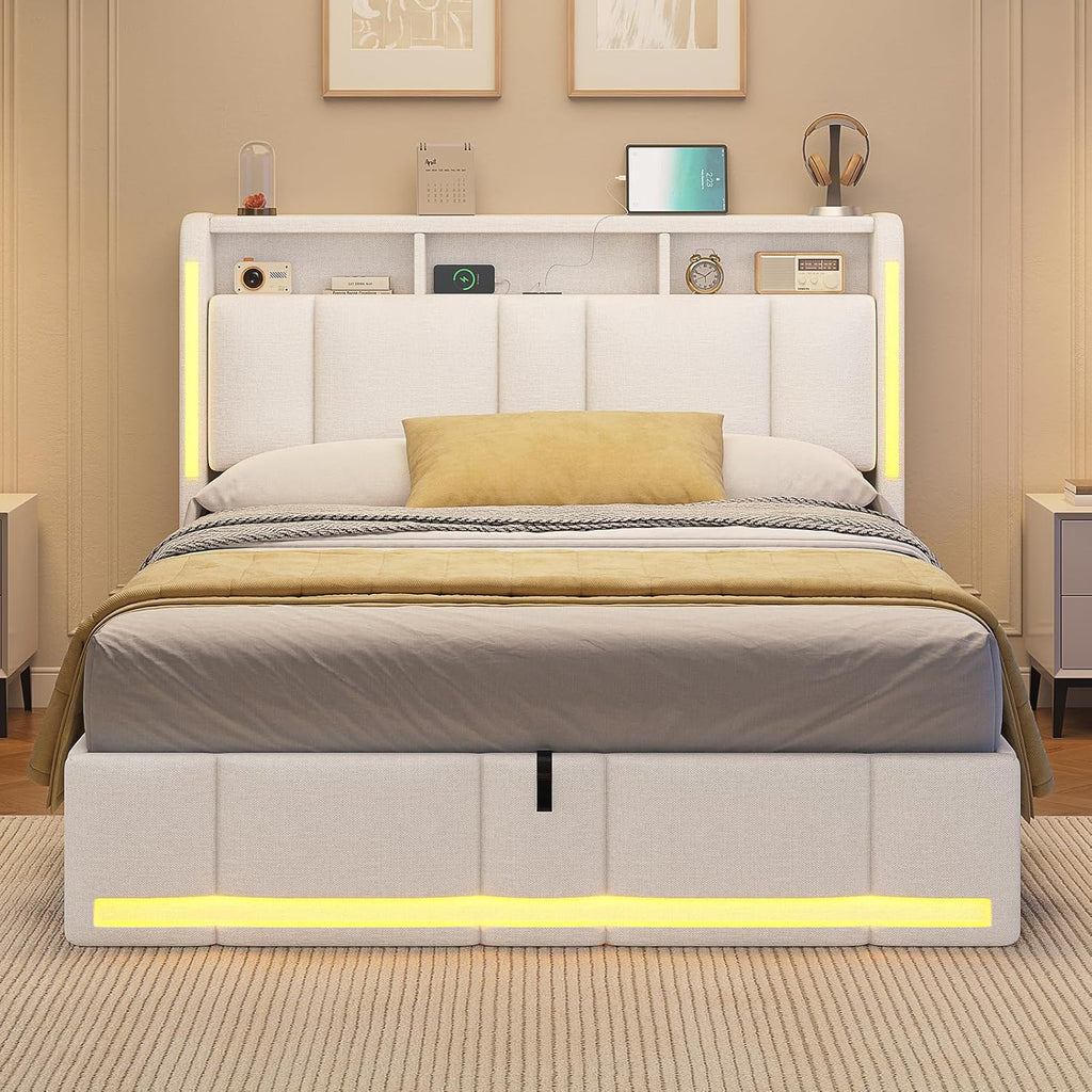 Cama tapizada AOGLLATI 140×200 con tomas de corriente e iluminación LED, cama doble con cabecero con almacenamiento y espacio de almacenamiento hidráulico, estructura de cama con somier, cama juvenil 140×200, lino, sin colchón, beige